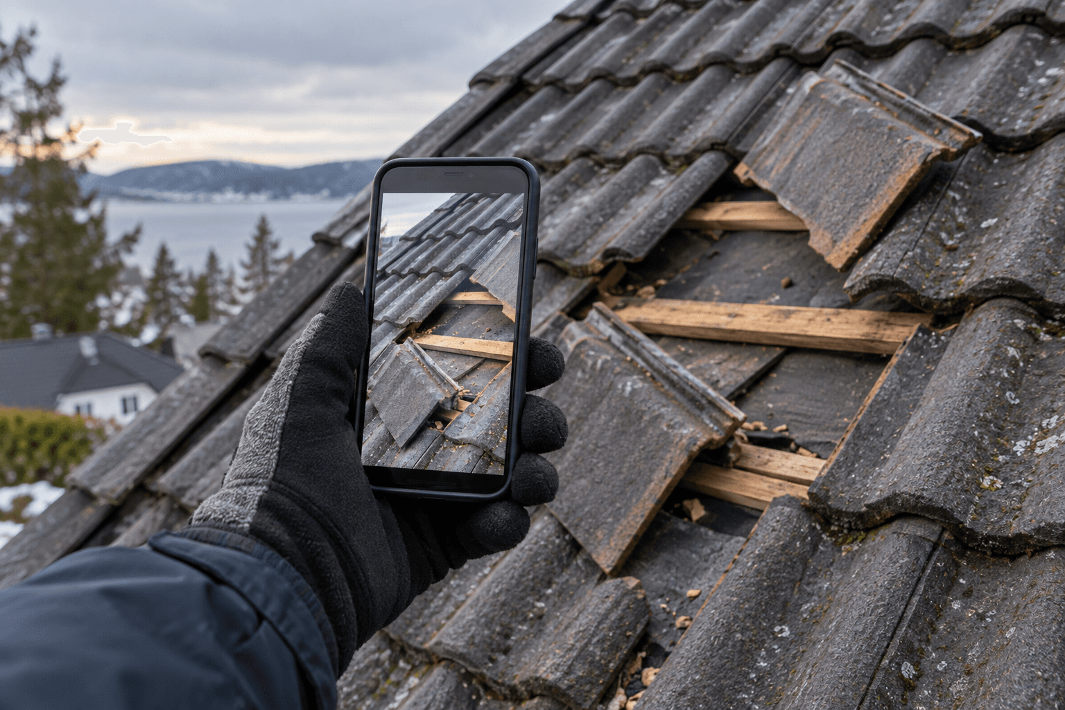 Illustrasjon av fotografering av en takskade