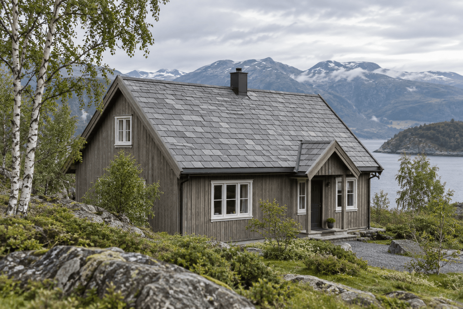 Illustrasjon av et trehus med grå takskifer og synlig steinstruktur